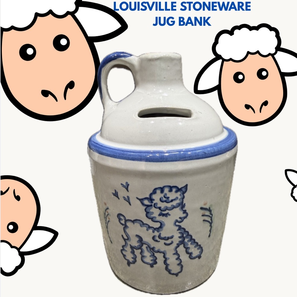 Louisville Stoneware Jug/Crock Coin Bank Featuring A Hand Painted Lamb Motif